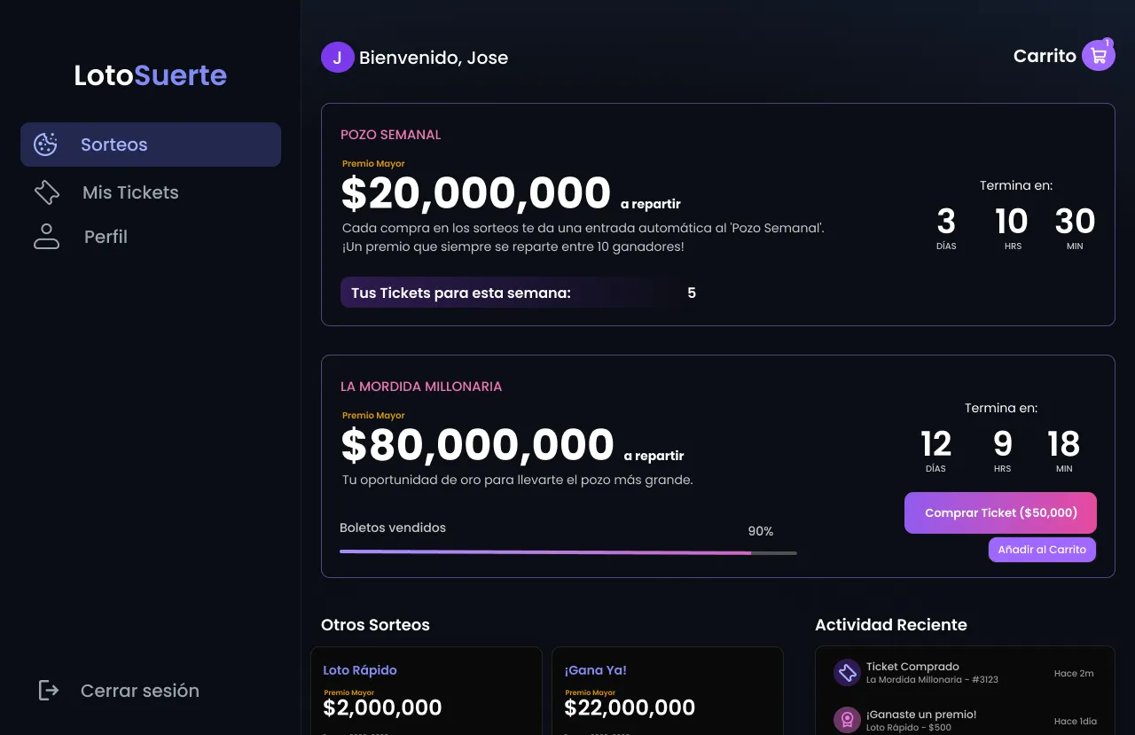 User interface for a lottery application, designed for a clear and engaging user experience. Readability of prizes like the 'Weekly Jackpot' is prioritized, and calls-to-action are highlighted to maximize participation and ticket purchases.