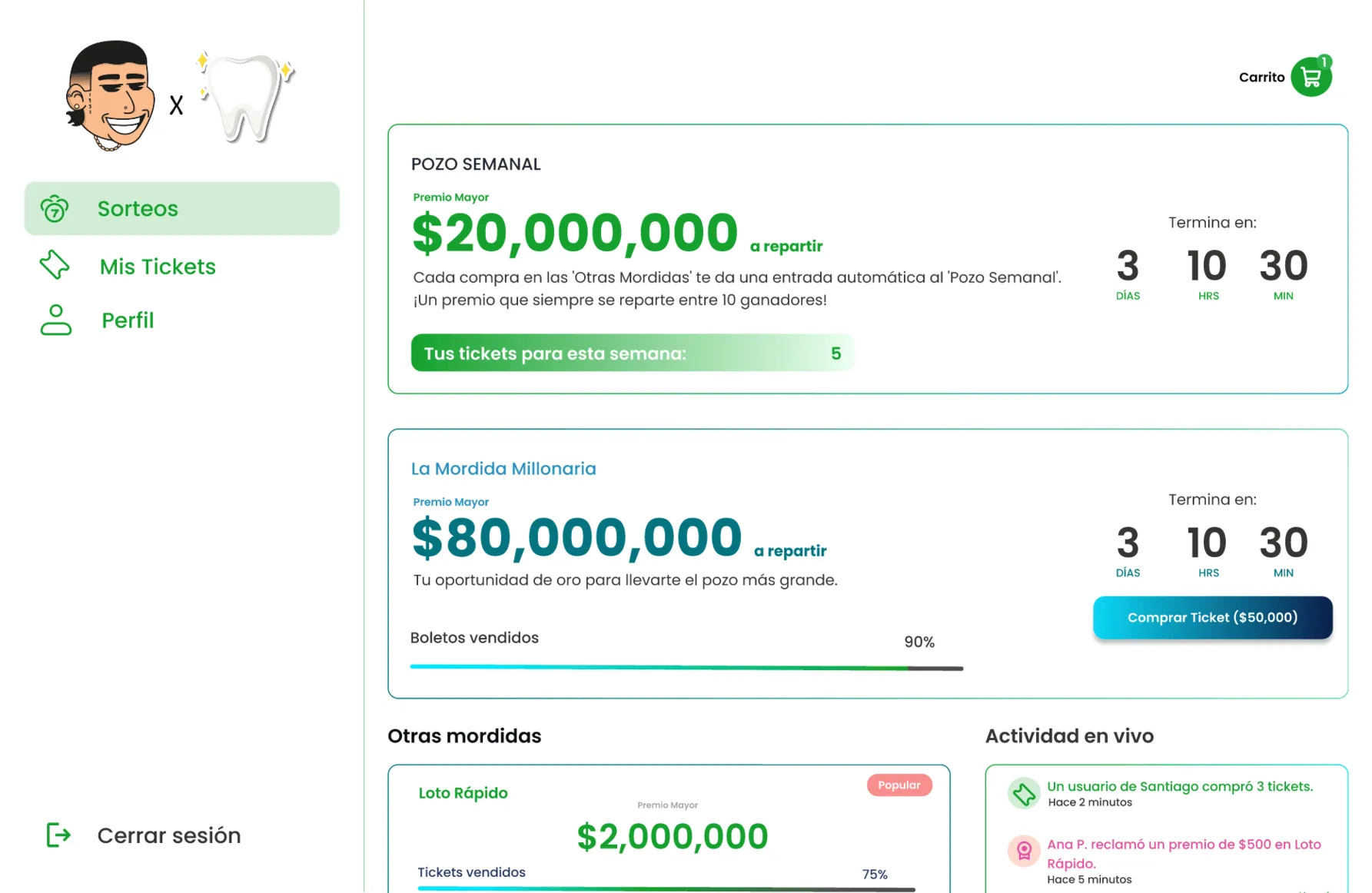 User interface for a lottery application, designed for a clear and engaging user experience. Readability of prizes like the 'Weekly Jackpot' is prioritized, and calls-to-action are highlighted to maximize participation and ticket purchases.