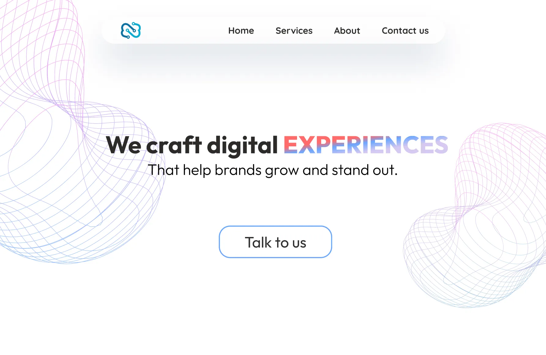 Landing page with a modern and minimalist design for the software company 'Softly'. The visual composition and tagline 'We craft digital EXPERIENCES' communicate the brand's value proposition, intuitively guiding the user towards the 'Talk to us' call-to-action.