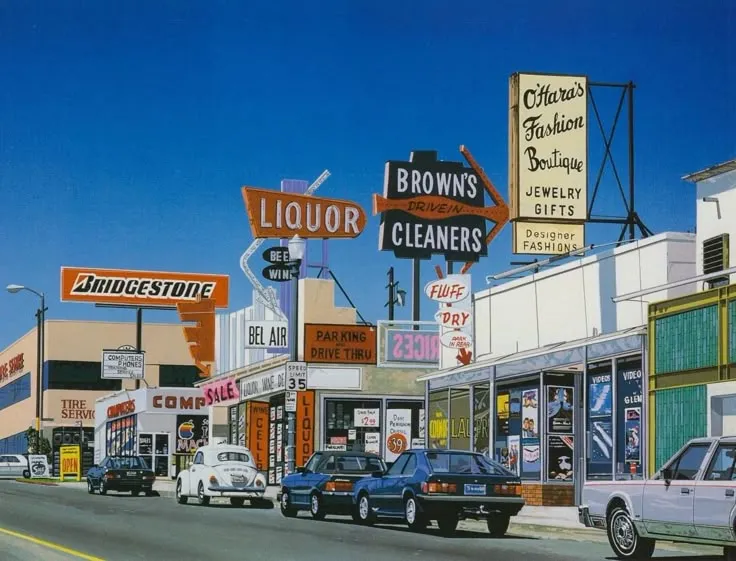 A painting of a vibrant streetscape full of signs and storefronts, symbolizing the Planning and Discovery phase, which involves observing and analyzing the environment to gather key information.