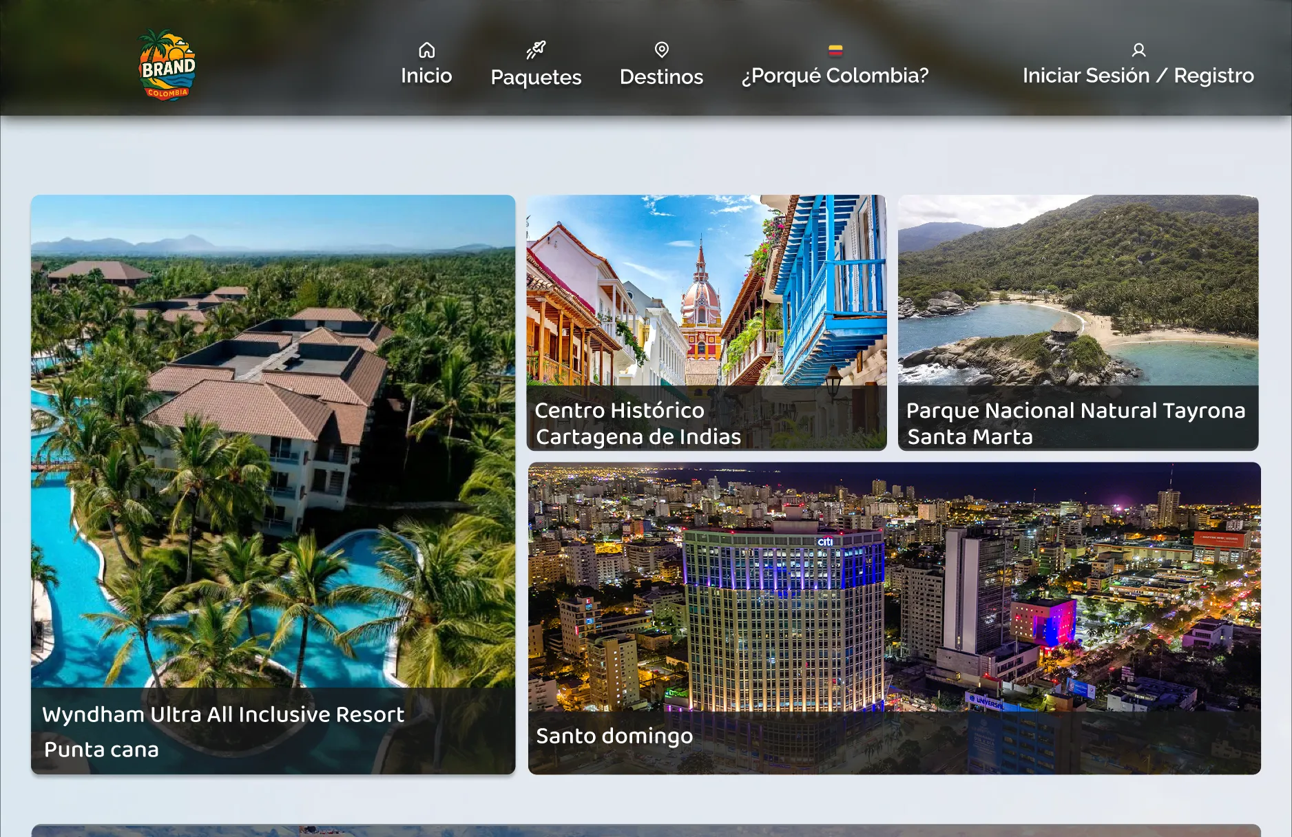 Design concept for a travel agency's homepage, centered on a highly visual and inspiring user experience. The modular card-based layout facilitates the exploration of destinations like Punta Cana and Cartagena, simplifying the decision-making and booking process.